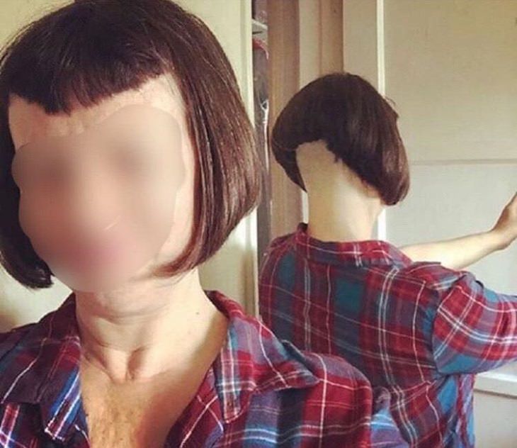 Terrible and bad haircuts that are funny, Woman taking selfie with long hair in the front and short at the back
