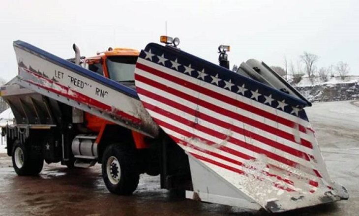 Makeshift, unique, and creative snowplows, The patriotic snowplow with american flag painted