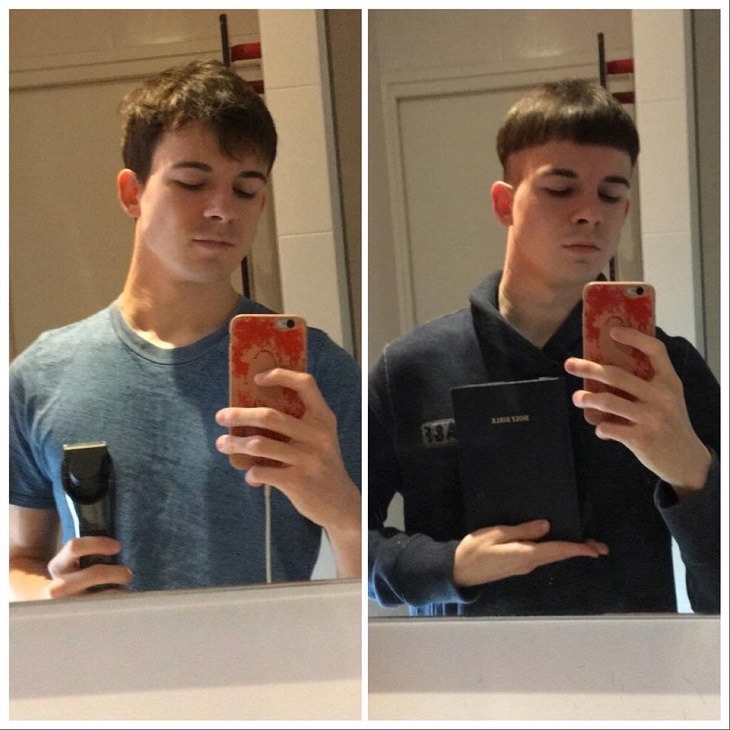 Terrible and bad haircuts that are funny, Before and after of a boy with a bad haircut