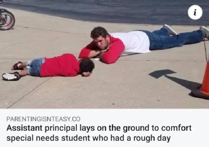 Feel Good Photographs that show sweet stories and acts of kindness, Picture of principal lying down on ground to comfort a student