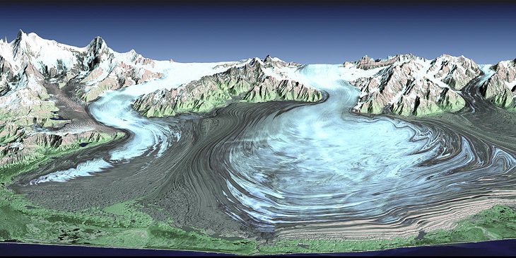 Different types of beautiful glaciers found all across Alaska, U.S.A, Malaspina Glacier, a Piedmont glacier in Southern Alaska