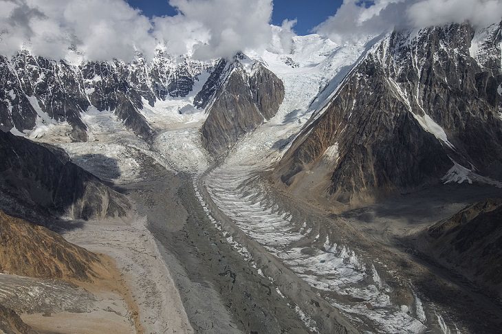 Different types of beautiful glaciers found all across Alaska, U.S.A, Hawkins Glacier, a long glacier that runs southwest of Mount Bona, Alaska