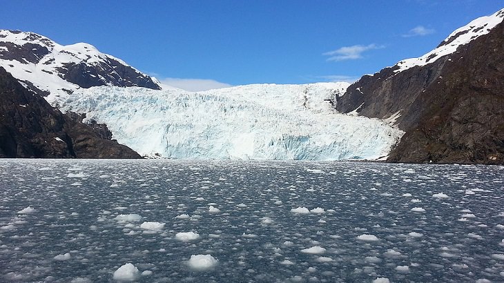 Different types of beautiful glaciers found all across Alaska, U.S.A, Holgate Glacier, a glacier in the Kenai Fjords National Park of Kenai Mountains, Alaska