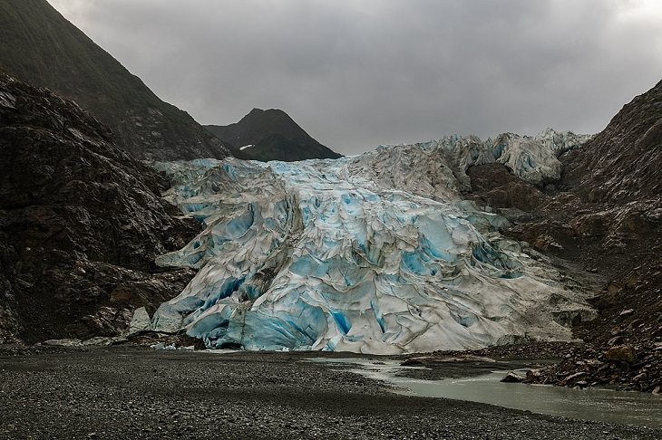 Different types of beautiful glaciers found all across Alaska, U.S.A, Davidson Glacier, a large valley glacier in the Chilkat Range near Haines, Alaska