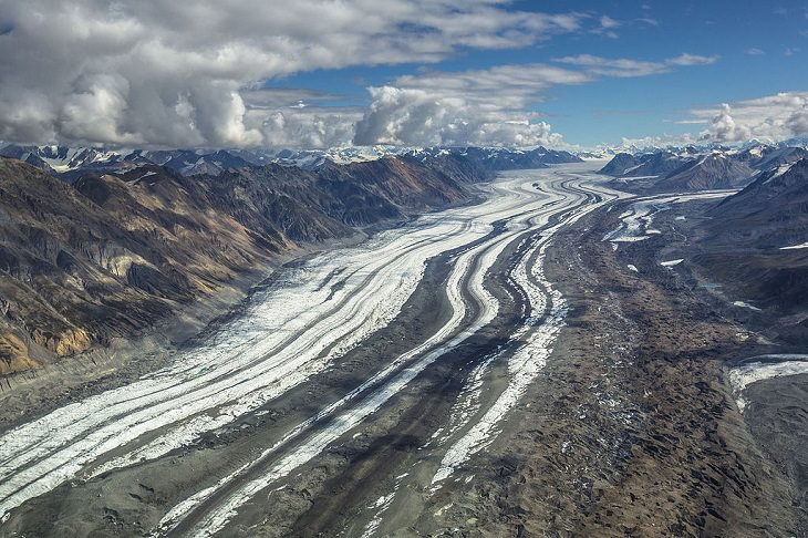 Different types of beautiful glaciers found all across Alaska, U.S.A, Logan Glacier, an Alaskan glacier that lies close to Mount Logan in Yukon, Canada