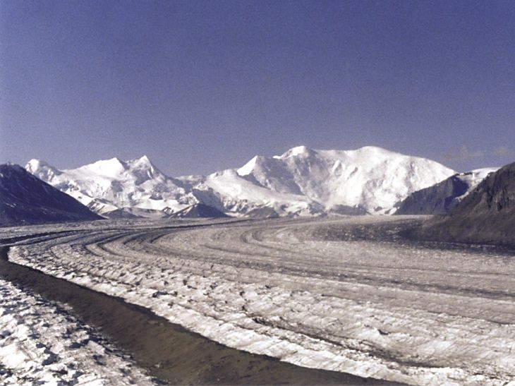 Different types of beautiful glaciers found all across Alaska, U.S.A, Nabesna Glacier, one of the longest valley glaciers in the world, found in Wrangell Falls, Alaska