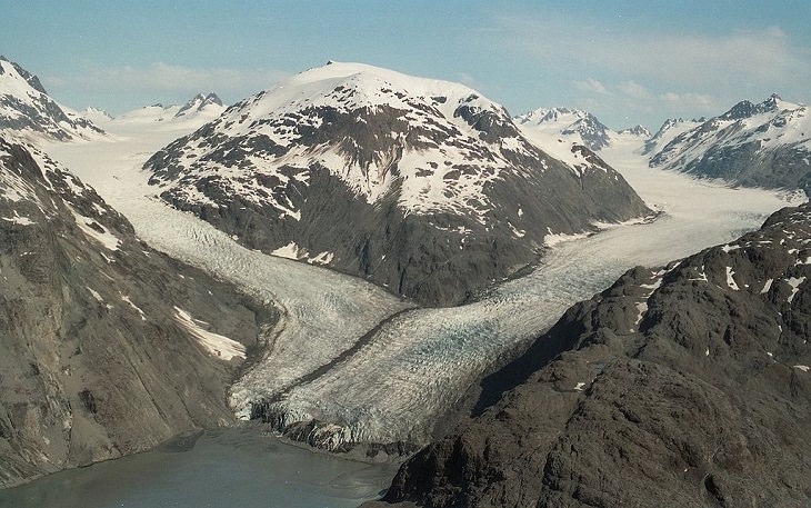Different types of beautiful glaciers found all across Alaska, U.S.A, Muir Glacier, a glacier in Glacier Bay National Park and Preserve, Alaska