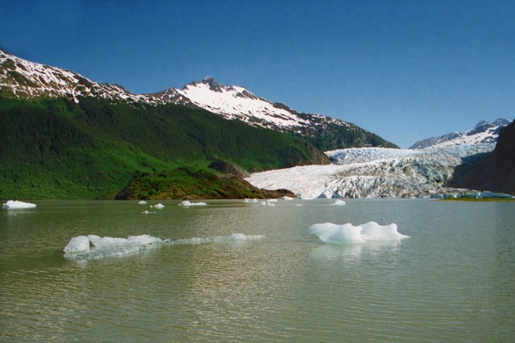 Different types of beautiful glaciers found all across Alaska, U.S.A, Mendenhall Glacier (or Sitaantaagu), a glacier located in Mendelhall Valley in Southeast Alaska