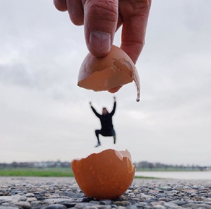 Ilusões ópticas incríveis criadas pelo artista e fotógrafo de Portugal Tiago Silva, pessoa pulando de uma casca de ovo 