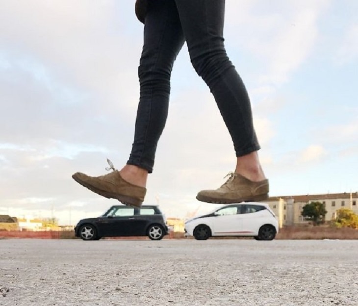 Incredible optical illusions created by Artist and photographer from Portugal Tiago Silva, woman walking on cars