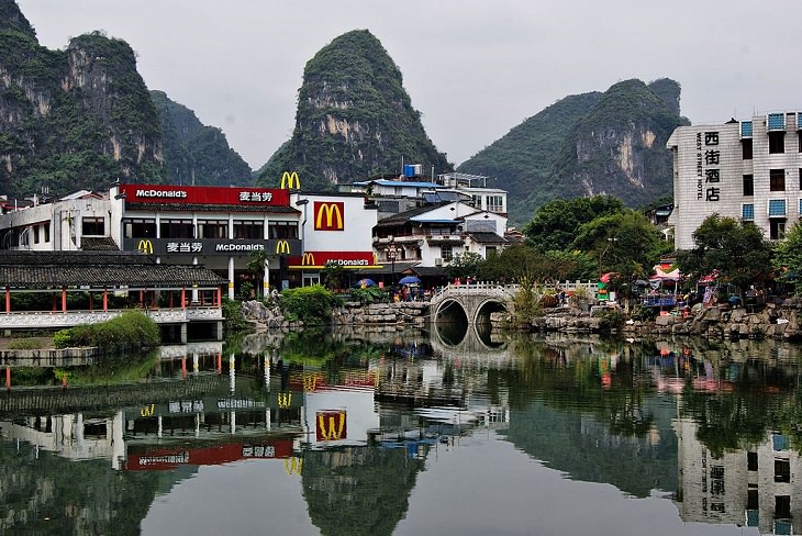 Different unique and innovative McDonald's restaurants across the world, picturesque McDonald’s in rock climber haven, Yangshuo, in the province of Guangxi, China