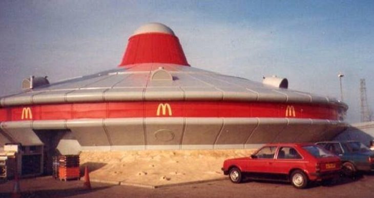 Different unique and innovative McDonald's restaurants across the world, flying saucer McDonald’s that used to be in Cambridgeshire, England, demolished in 2008