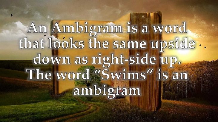 Interesting and fascinating facts about the history and development of the English Language, An Ambigram is a word that looks the same upside down as right-side up. The word “Swims” is an ambigram