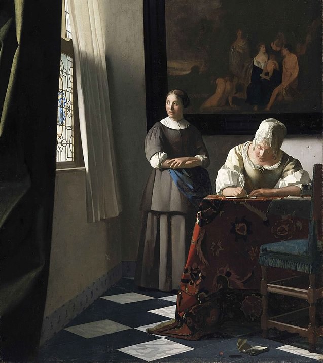 Beautiful lesser known paintings by golden age Dutch artist Johannes Vermeer, Lady Writing a Letter with her Maid, now in the National Gallery of Ireland, Dublin