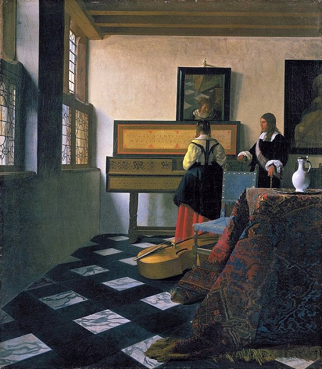 Beautiful lesser known paintings by golden age Dutch artist Johannes Vermeer, The Music Lesson, now in the Royal Collection, Buckingham Palace, England