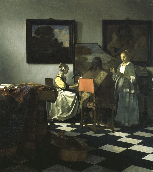 Beautiful lesser known paintings by golden age Dutch artist Johannes Vermeer, The Concert, missing since its theft from the Isabella Stewart Gardner Museum, Boston in 1990