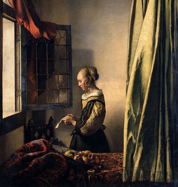 Beautiful lesser known paintings by golden age Dutch artist Johannes Vermeer, Girl Reading a Letter at an Open Window, now in the Gemäldegalerie Alte Meister, Dresden