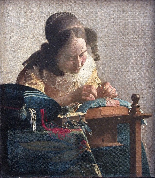 Beautiful lesser known paintings by golden age Dutch artist Johannes Vermeer, The Lacemaker, now in the Louvre, Paris