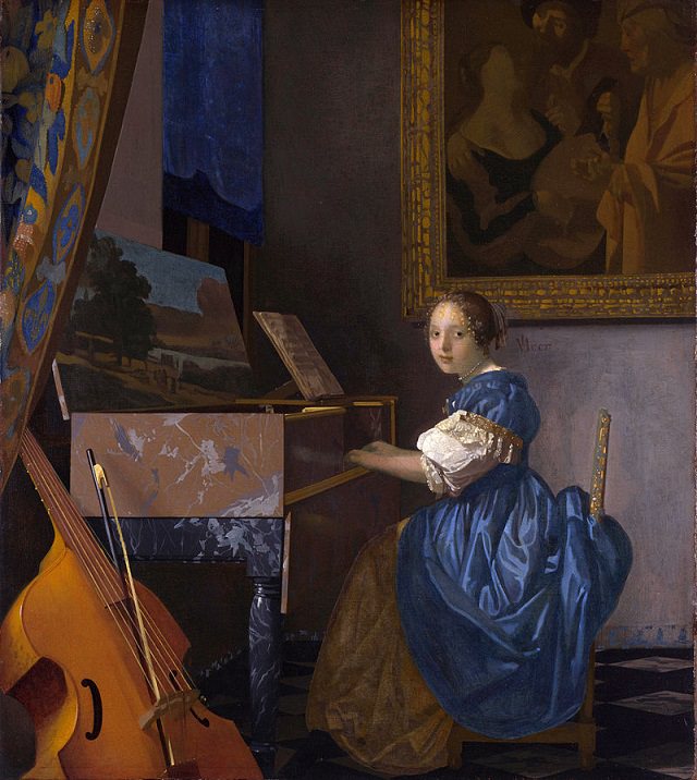 Beautiful lesser known paintings by golden age Dutch artist Johannes Vermeer, Lady Seated at a Virginal, now in the National Gallery, London