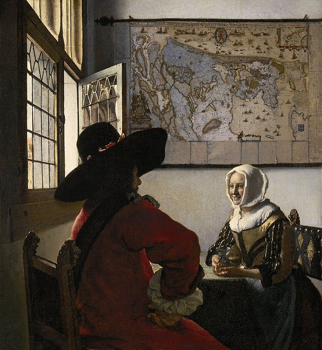 Beautiful lesser known paintings by golden age Dutch artist Johannes Vermeer, Officer with a Laughing Girl, now in the Frick Collection, New York