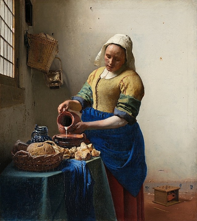 Beautiful lesser known paintings by golden age Dutch artist Johannes Vermeer, The Milkmaid, now in the Rijksmuseum, Amsterdam
