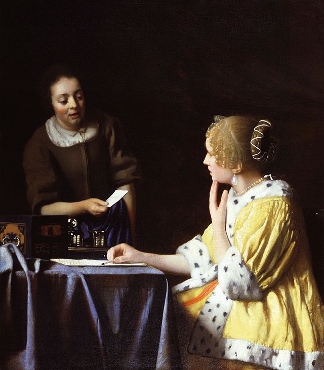 Beautiful lesser known paintings by golden age Dutch artist Johannes Vermeer, Mistress and Maid, now in the Frick Collection, New York
