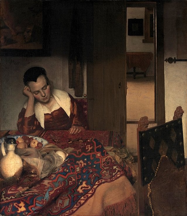 Beautiful lesser known paintings by golden age Dutch artist Johannes Vermeer, A Girl Asleep, now in the Metropolitan Museum of Art, New York