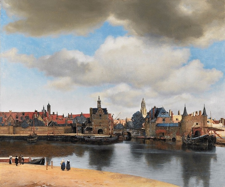 Beautiful lesser known paintings by golden age Dutch artist Johannes Vermeer, View of Delft, now in the Mauritshuis, The Hague, Netherlands