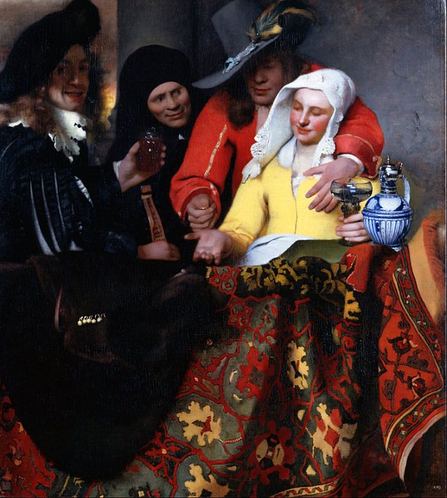 Beautiful lesser known paintings by golden age Dutch artist Johannes Vermeer, The Procuress, now in the Gemäldegalerie Alte Meister, Dresden, Saxony