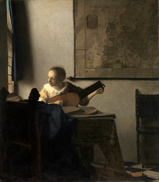 Beautiful lesser known paintings by golden age Dutch artist Johannes Vermeer, Woman with a Lute, now in the Metropolitan Museum of Art, New York