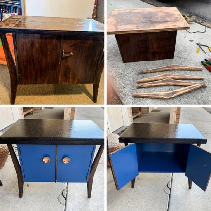 Old, rusted or worn out household items and furniture that were refurbished, received makeovers, or were made to look brand new, thrift shop table