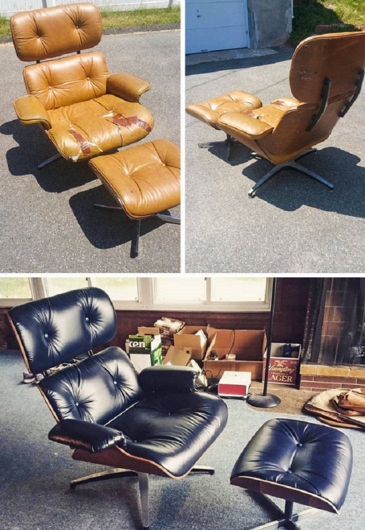 Old, rusted or worn out household items and furniture that were refurbished, received makeovers, or were made to look brand new, vintage lounge chair
