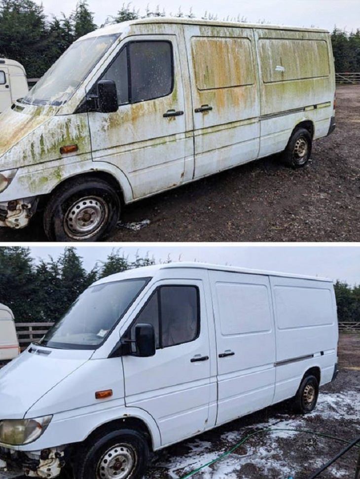 Old, rusted or worn out household items and furniture that were refurbished, received makeovers, or were made to look brand new, dirty white van