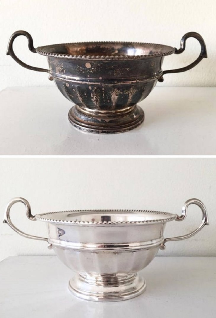 Old, rusted or worn out household items and furniture that were refurbished, received makeovers, or were made to look brand new, silver sugar bowl polished