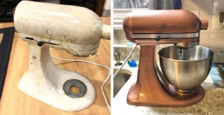 Old, rusted or worn out household items and furniture that were refurbished, received makeovers, or were made to look brand new, mixer from a thrift shop