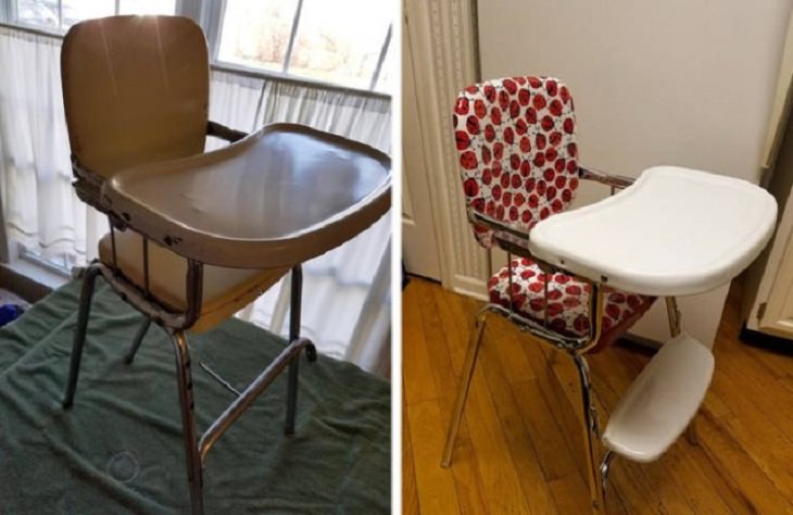 Old, rusted or worn out household items and furniture that were refurbished, received makeovers, or were made to look brand new, vintage high chair