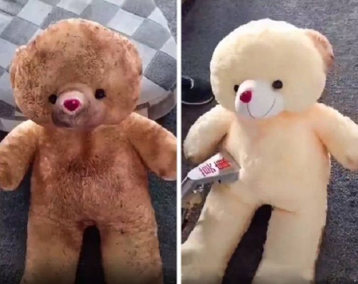 Old, rusted or worn out household items and furniture that were refurbished, received makeovers, or were made to look brand new, dirty teddy bear cleaned from brown to white