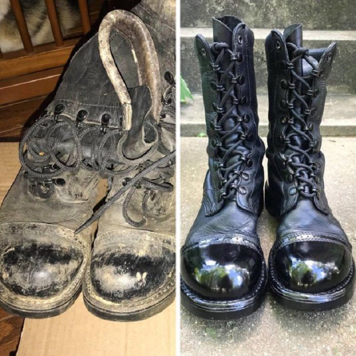 Old, rusted or worn out household items and furniture that were refurbished, received makeovers, or were made to look brand new, corcoran jump boots polished