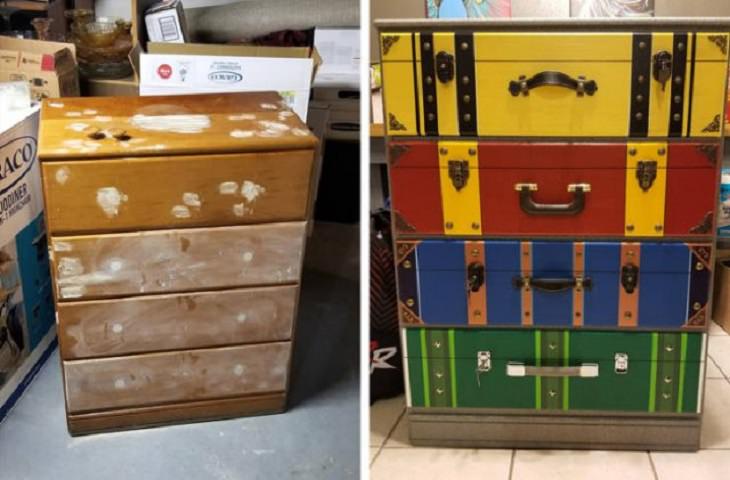 Old, rusted or worn out household items and furniture that were refurbished, received makeovers, or were made to look brand new, colorful dresser drawers