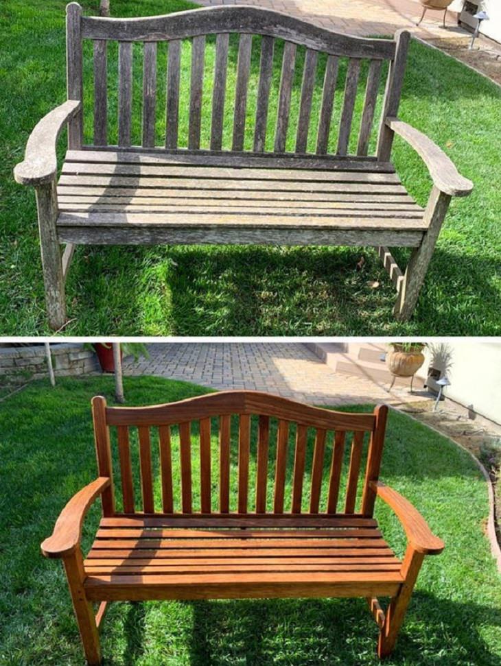 Old, rusted or worn out household items and furniture that were refurbished, received makeovers, or were made to look brand new, bench cleaned with a power washer