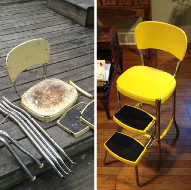 Old, rusted or worn out household items and furniture that were refurbished, received makeovers, or were made to look brand new, white broken chair painted yellow and fixed