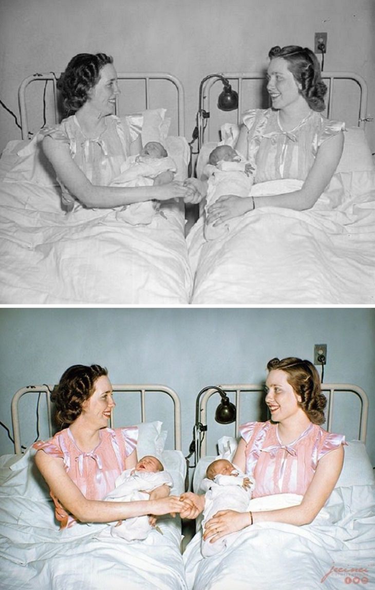 Historic moments in black and white photographs colorized, Twins become mothers together for second time in less than two years. Washington, D.C., April 7, 1939