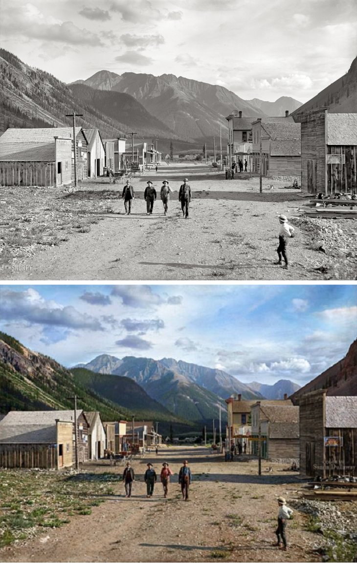 Historic moments in black and white photographs colorized, The mining ghost town of Eureka in San Juan County, Colorado