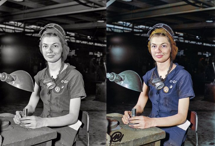 Historic moments in black and white photographs colorized, Eunice Hancock, a 21-year-old woman operating a compressed-air grinder in a Midwest aircraft plant during World War II in August, 1942