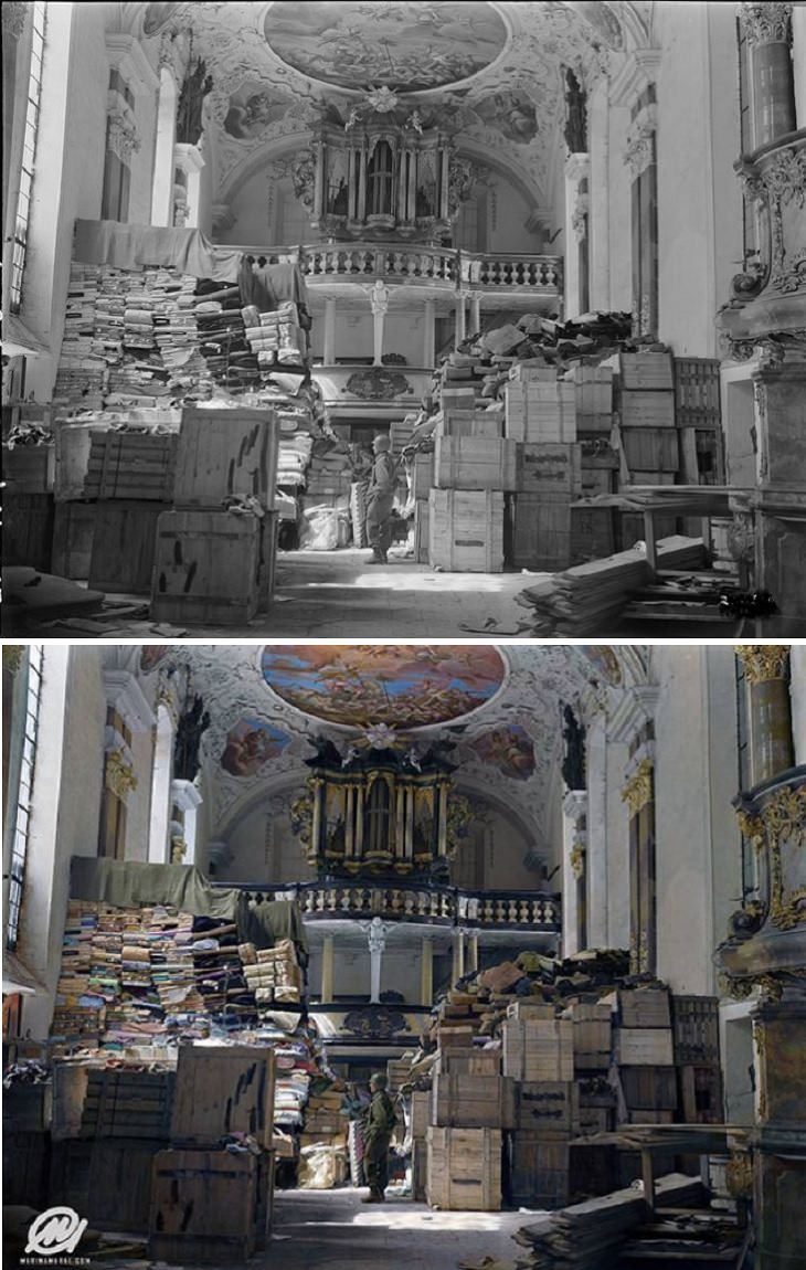 Historic moments in black and white photographs colorized, A US soldier stands amid crates and stacks of loot stored by Nazi Germany in Schlosskirche (Castle Church), Bavaria, 1945