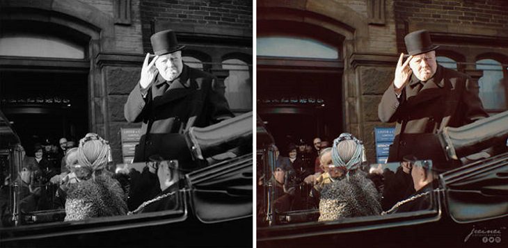 Historic moments in black and white photographs colorized, Winston Churchill with a cigar in his mouth, giving his famous ‘V’ sign while visiting Bradford on December 4, 1942