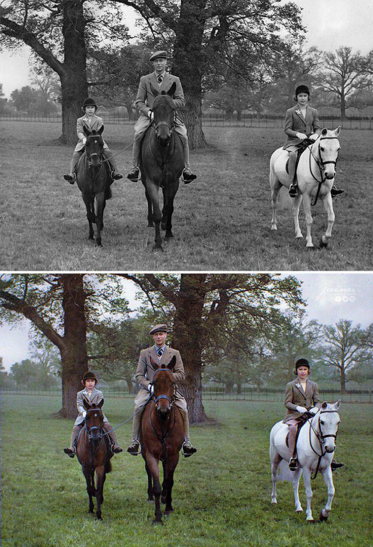 Historic moments in black and white photographs colorized, King George Vi Rides With His Daughters Elizabeth (Later Queen Elizabeth II) & Princess Margaret In Windsor Great Park on 21st April, 1939