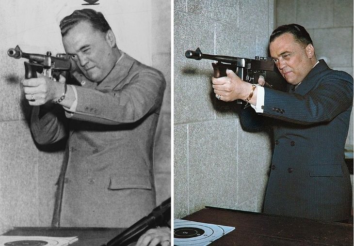 Historic moments in black and white photographs colorized, J.Edgar Hoover with a .45 Caliber Thompson Submachine Gun ,1936
