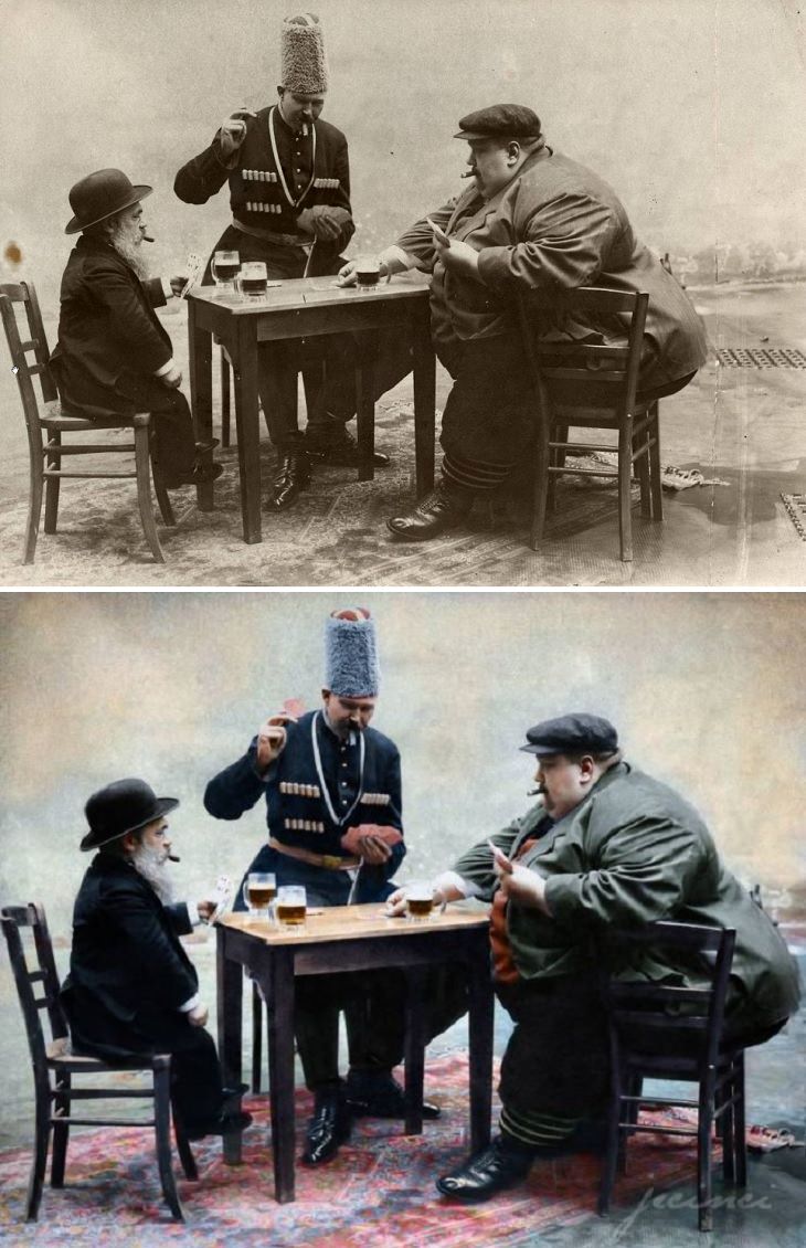 Historic moments in black and white photographs colorized, The tallest, shortest and fattest men of Europe playing a game of cards, 1913
