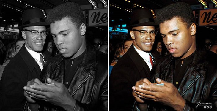 Historic moments in black and white photographs colorized, Malcolm X And Muhammad Ali in New York, March, 1964